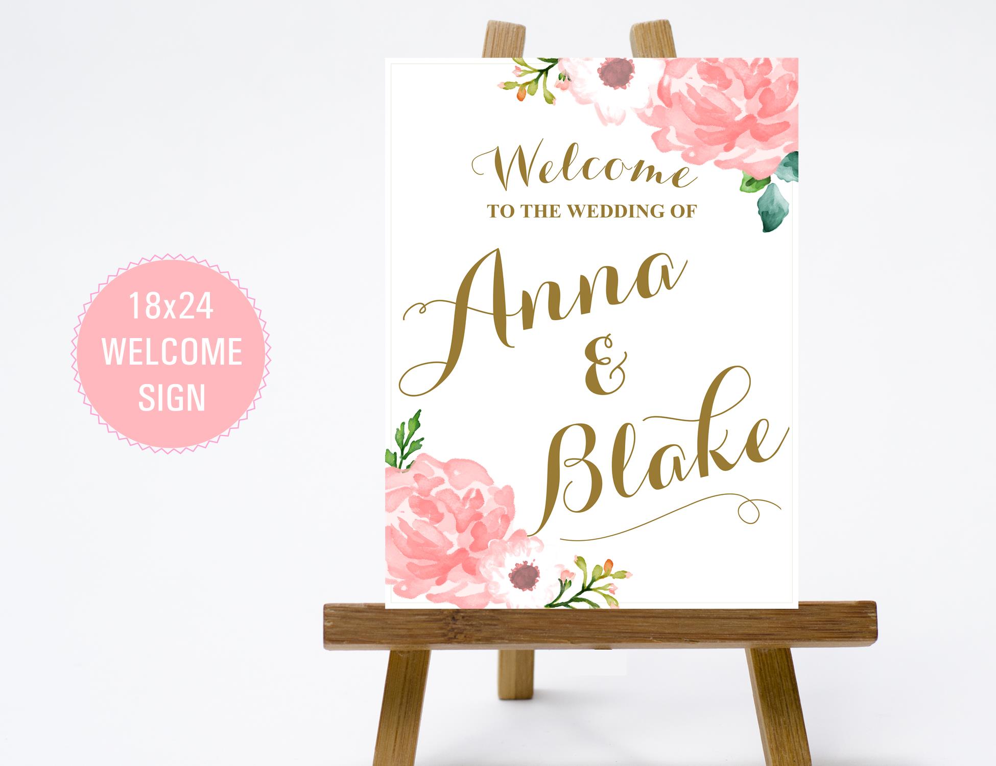 18 24 Vintage Floral Wedding Welcome Sign With Pink Flowers Gold